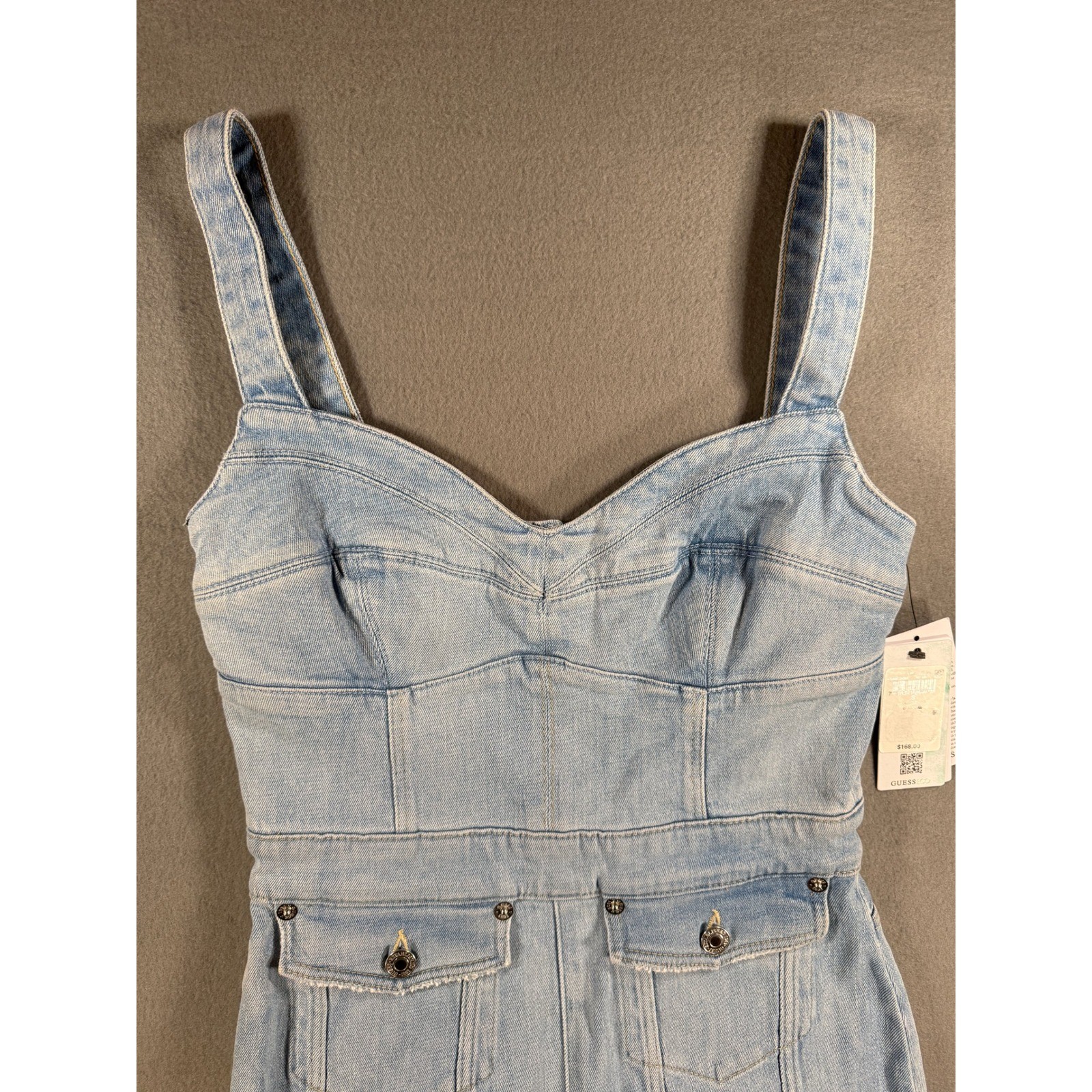 GUESS Lidia Denim Dress Light Star Blue Bodycon Mini Sweetheart Neck W4YK02D5DX2