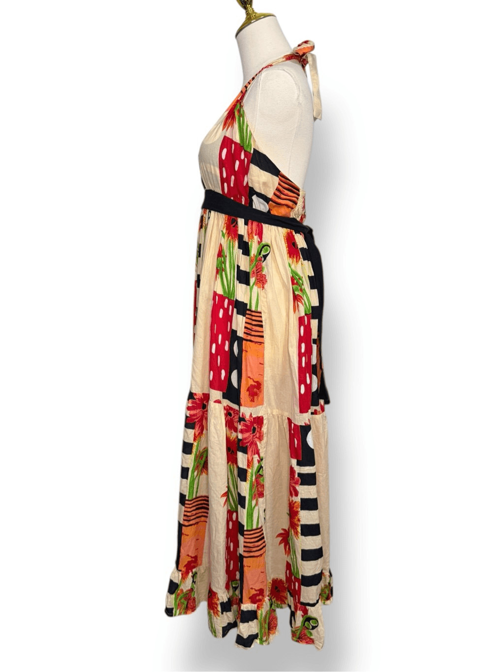 Advance Apparels Women’s XL Floral Midi Dress Halter Tiered Geometric Patchwork
