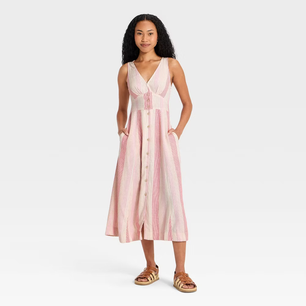 Women Woven Button-Front Midi Sundress – Universal Thread Pink Striped XL