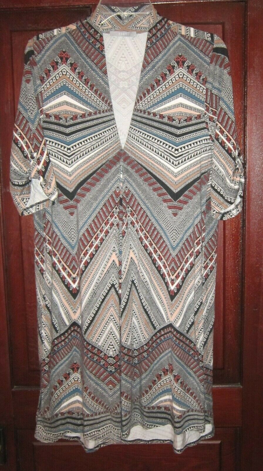 Tart M Stretch Knit Dress Ethnic Boho Print Modal Popover Short Sleeve Roll Tab