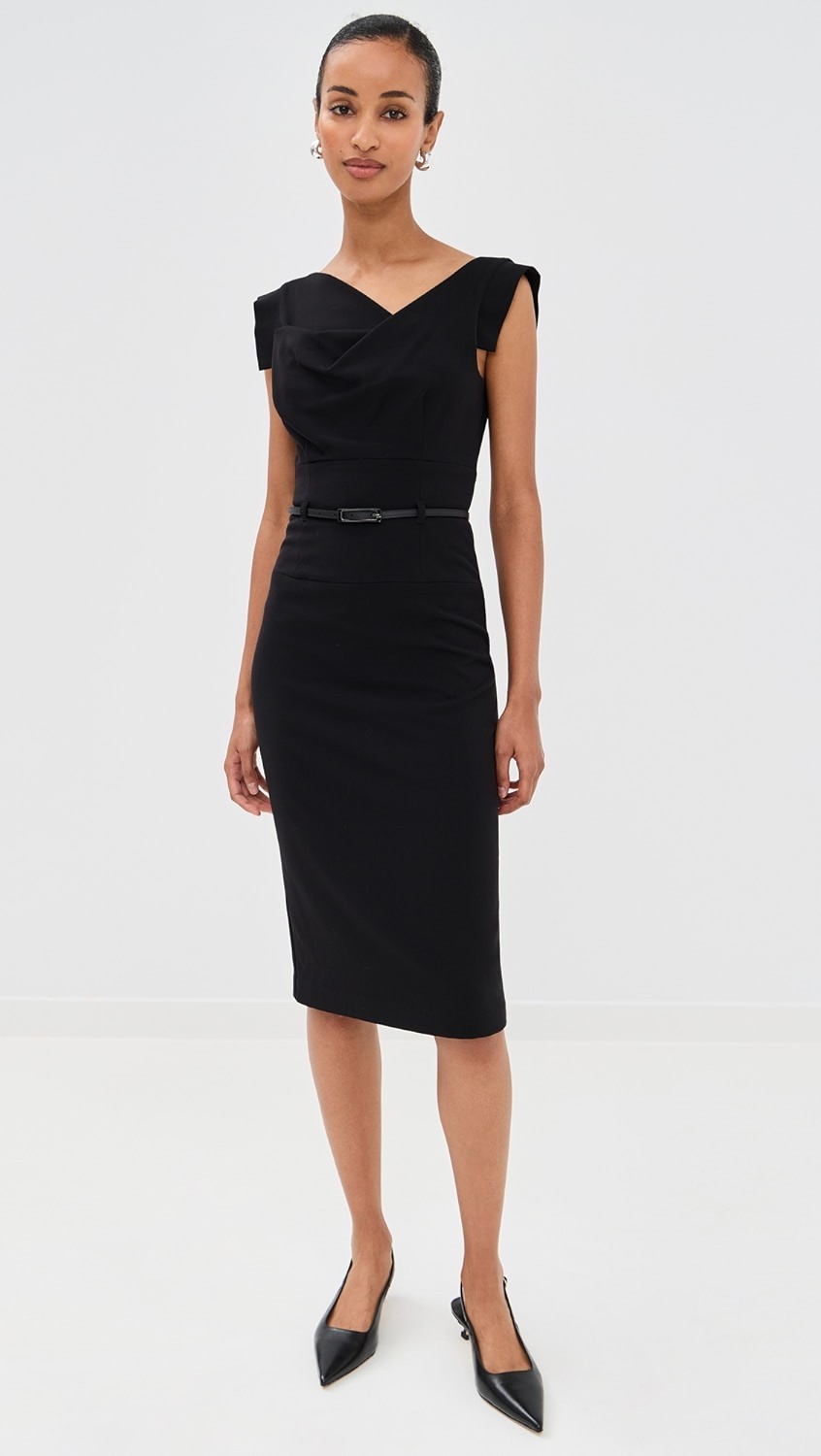 NWT Black Halo Jackie in Black Stretch Gabardine Belted Sheath Dress 8 $375