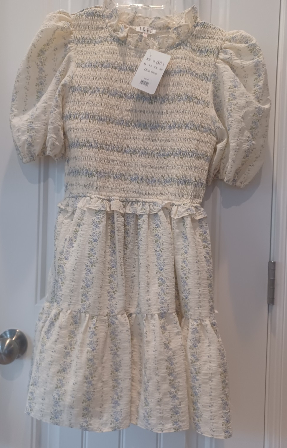 NWT! TCEC Boutique Smocked Bodice Floral Dress Puff Sleeve Cream/Blue Floral Med