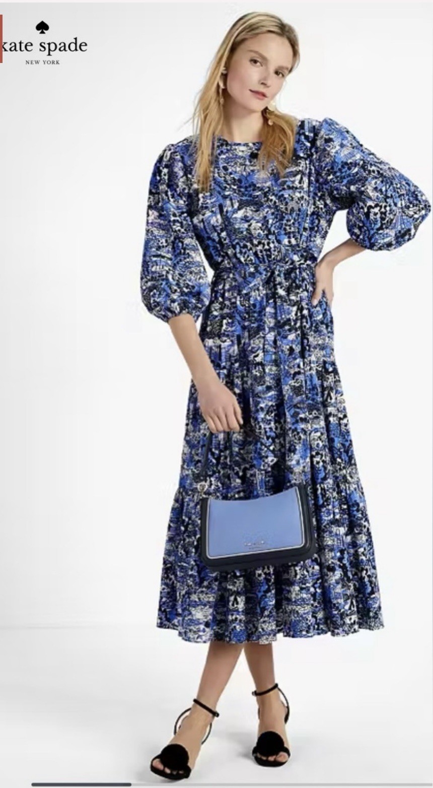 KATE SPADE Scenic Stroll NY Blue Printed Midi Dress NWOT Size L