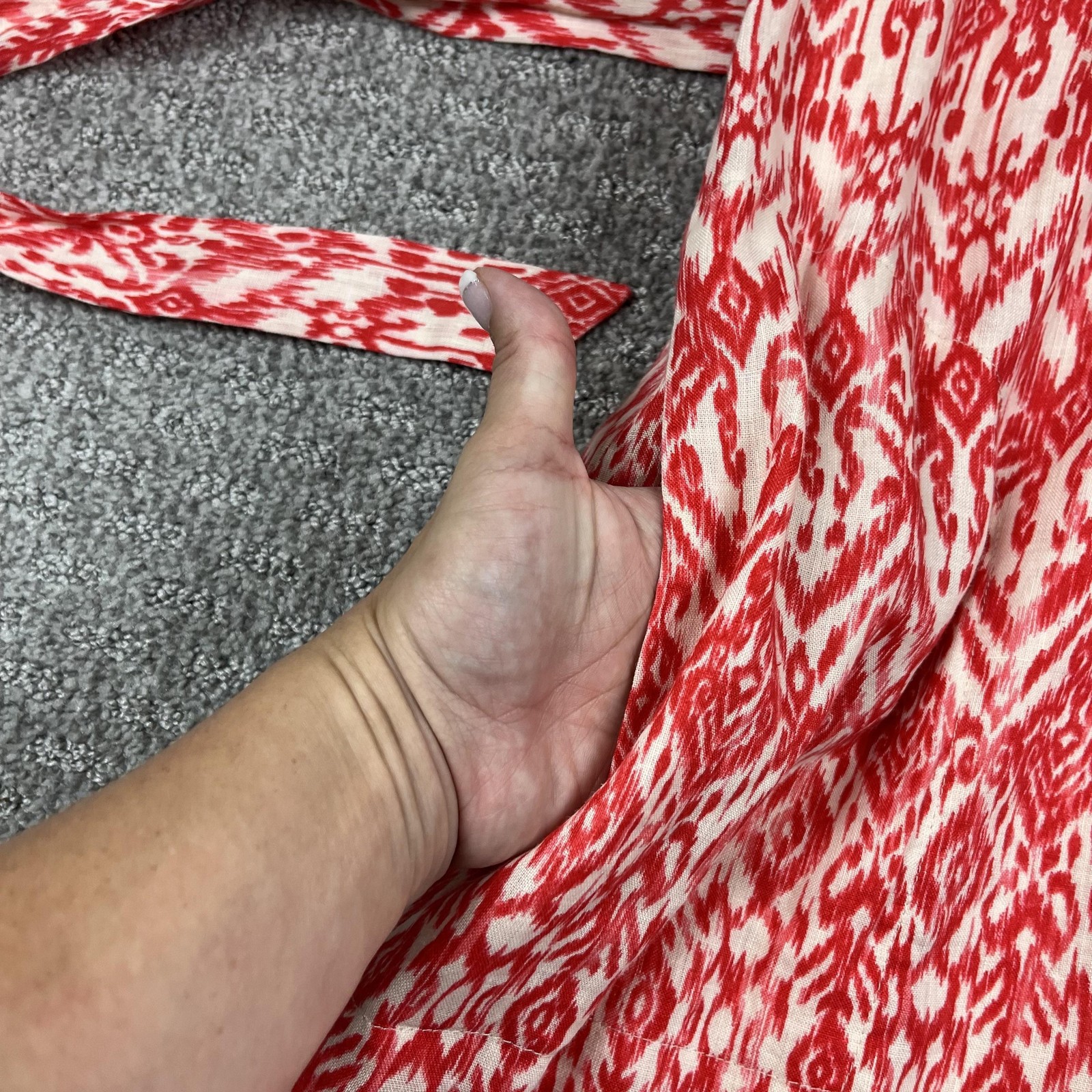 Cynthia Rowley Dress Womens 6 Red White Ikat Linen Sleeveless Belted Pockets
