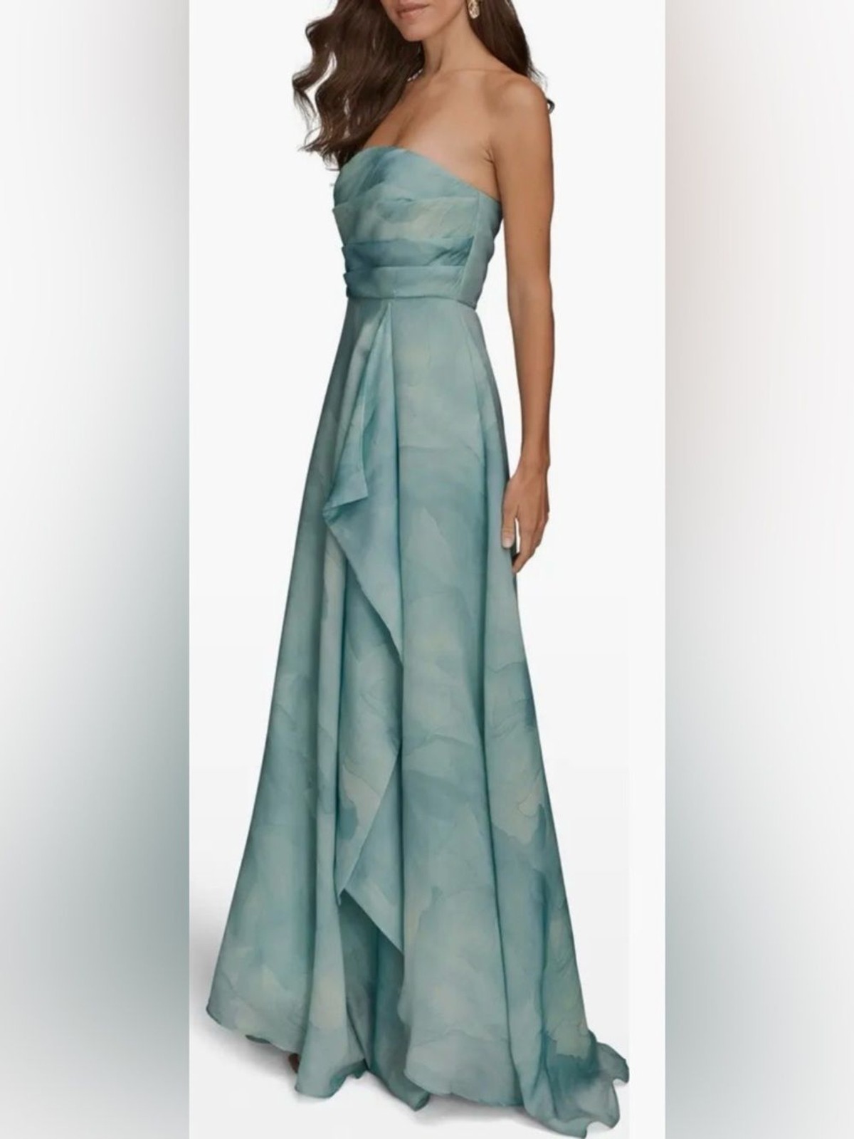 NEW Donna Karan New York Abstract Floral Strapless Blue sea mist Gown Sz 8