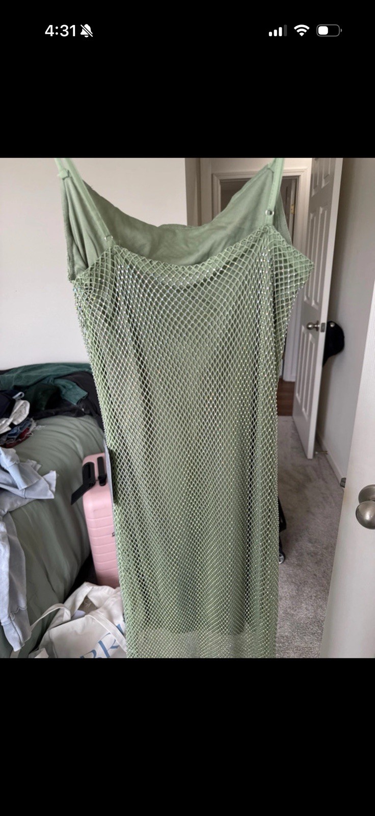 Lush Green Mesh Rhinestone Sheer Maxi Slip Dress S Cowl Neck Sleeveless