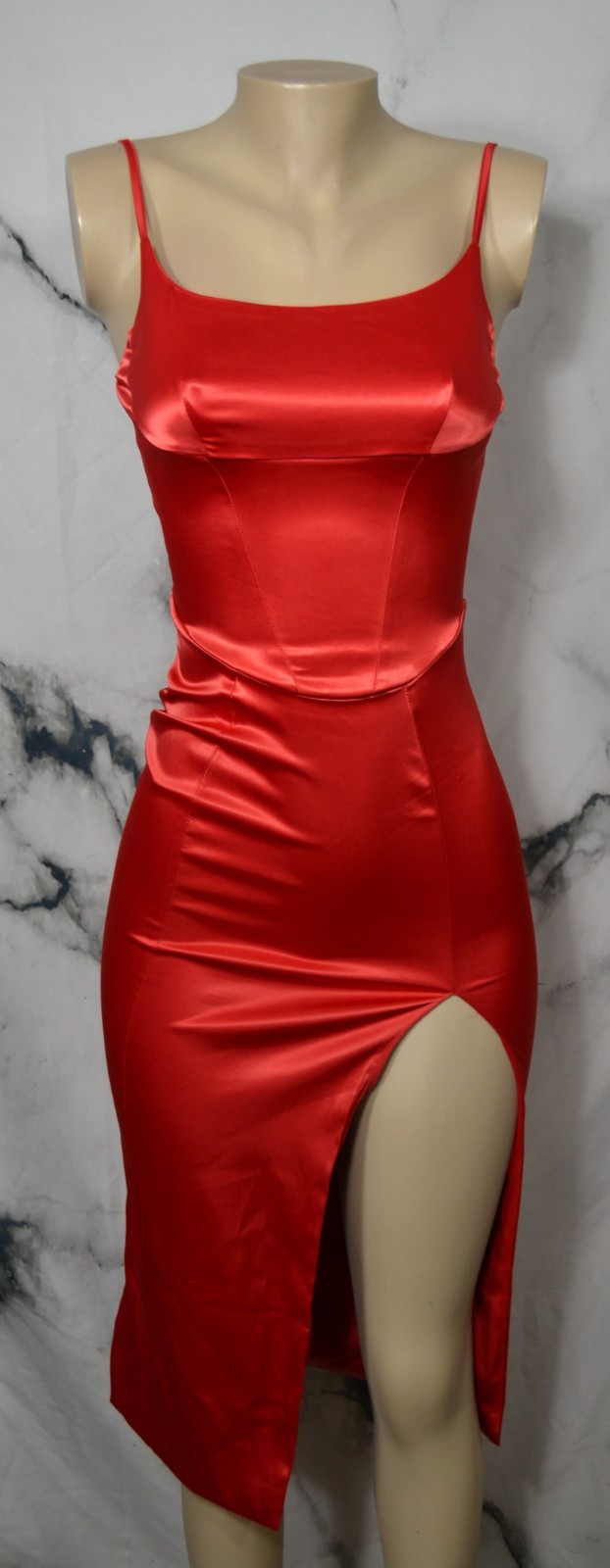 PARTHEA FASHION Red Satin Cami Dresss XS Thigh High Split Lined Adjustable Strap