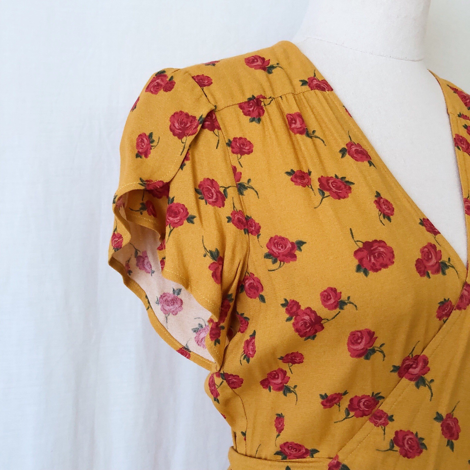 Christy Dawn Autumn Wrap Dress Size Small Turmeric Rose Yellow Red Floral Midi
