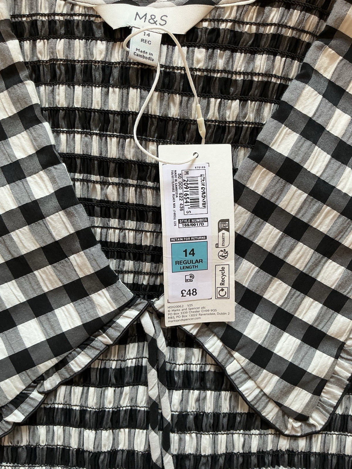 M&S Cotton Blend Gingham Dropped Waist Midi Dress Size14(RRP£48)