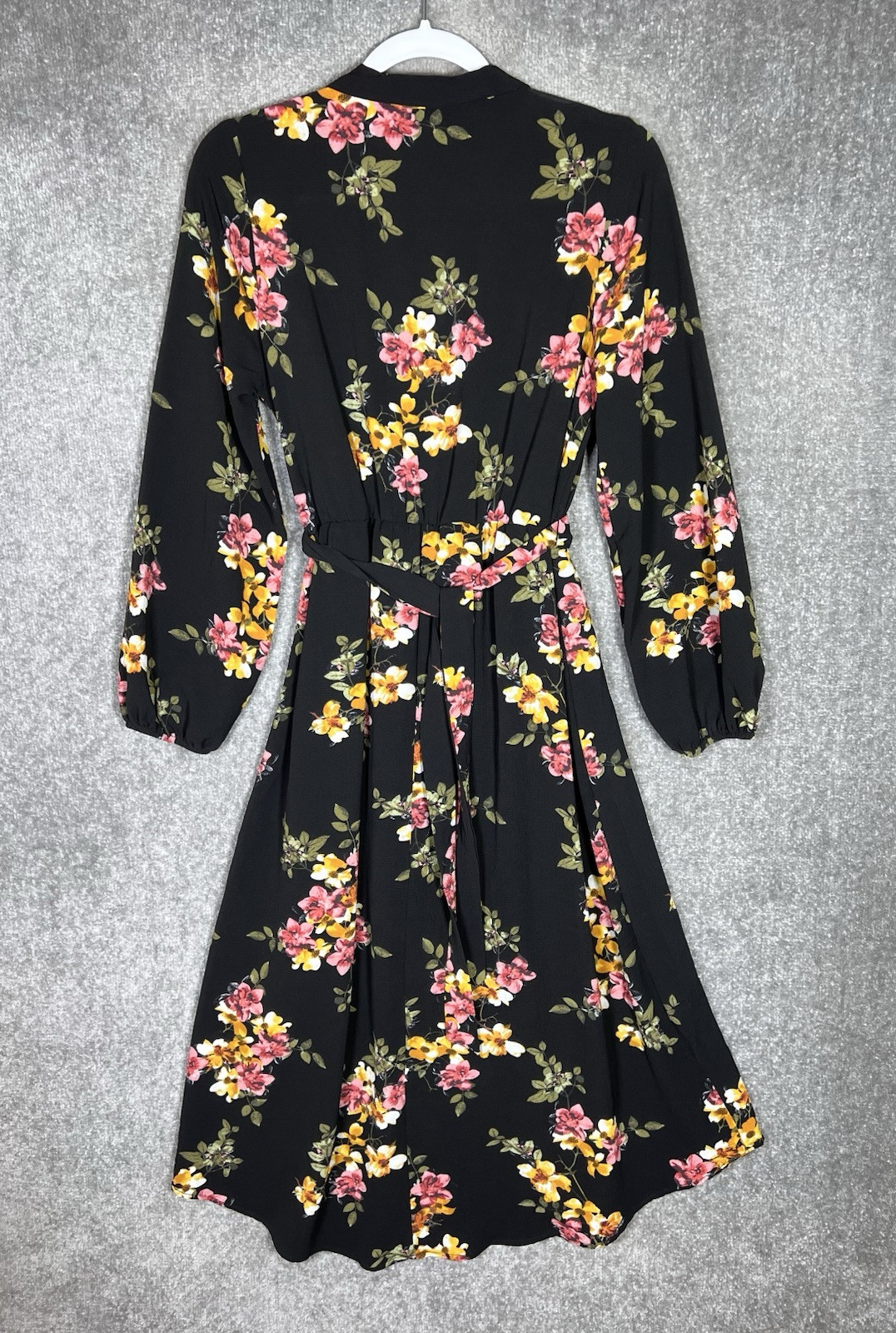 Bobeau Gauze Crinkle Crossover Dress Womens Sz M Black Floral Belt Hi-Low Ruffle