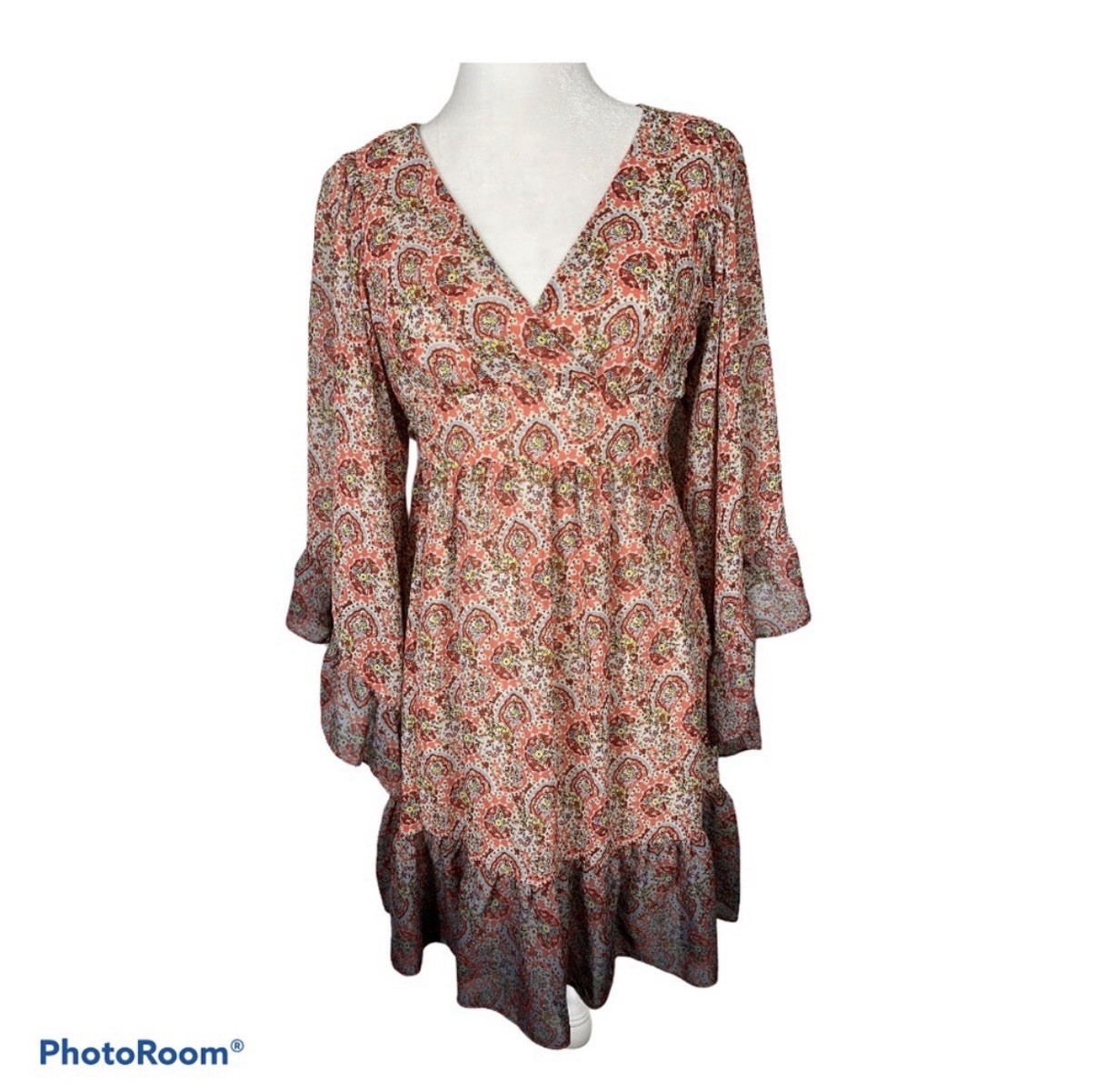 Betsey Johnson Pink Paisley V-Neck Bell Sleeve Empire Waist Mini Dress S