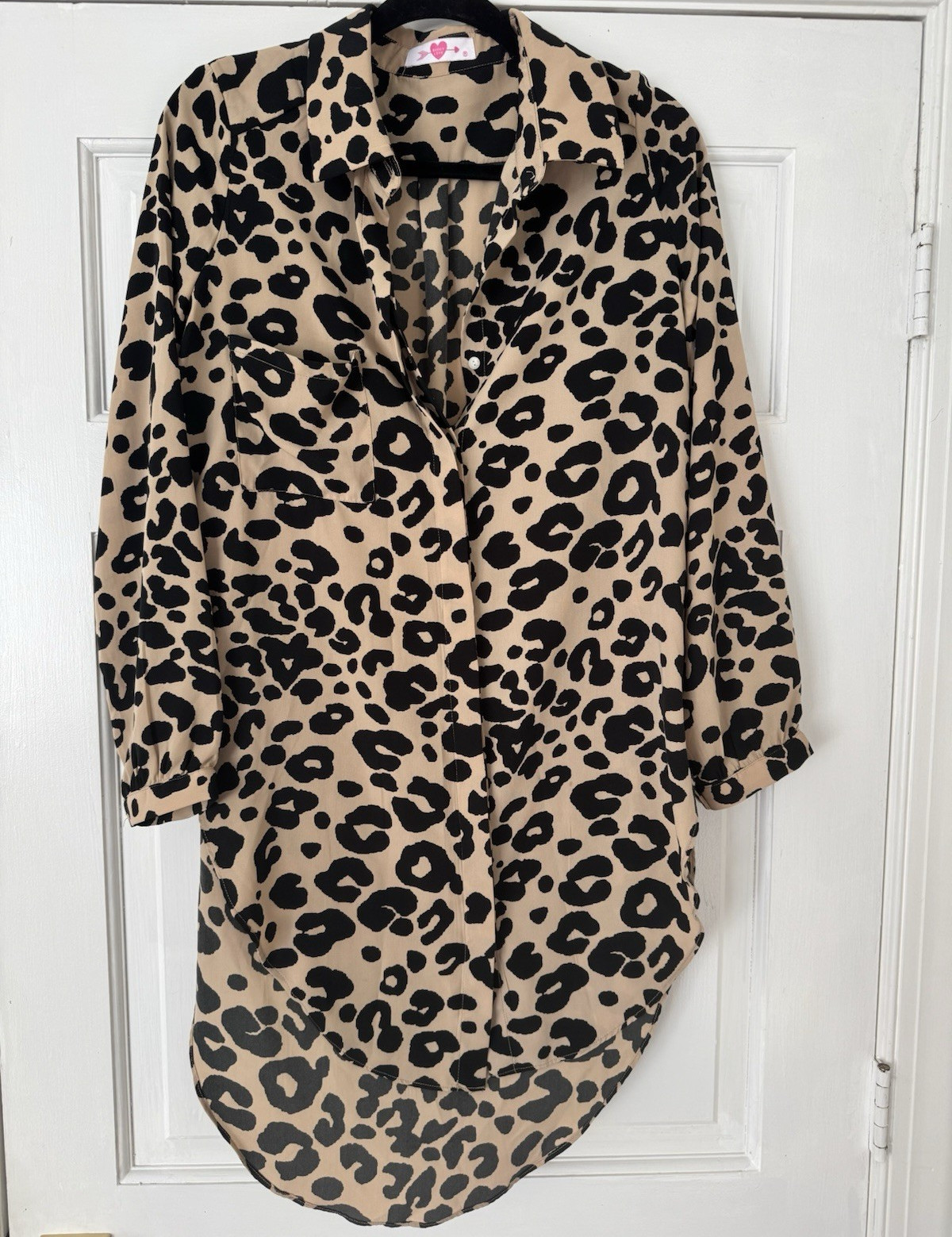 Buddy Love Beige Black Leopard Animal Print Shirt Dress Collared Long Sleeve M