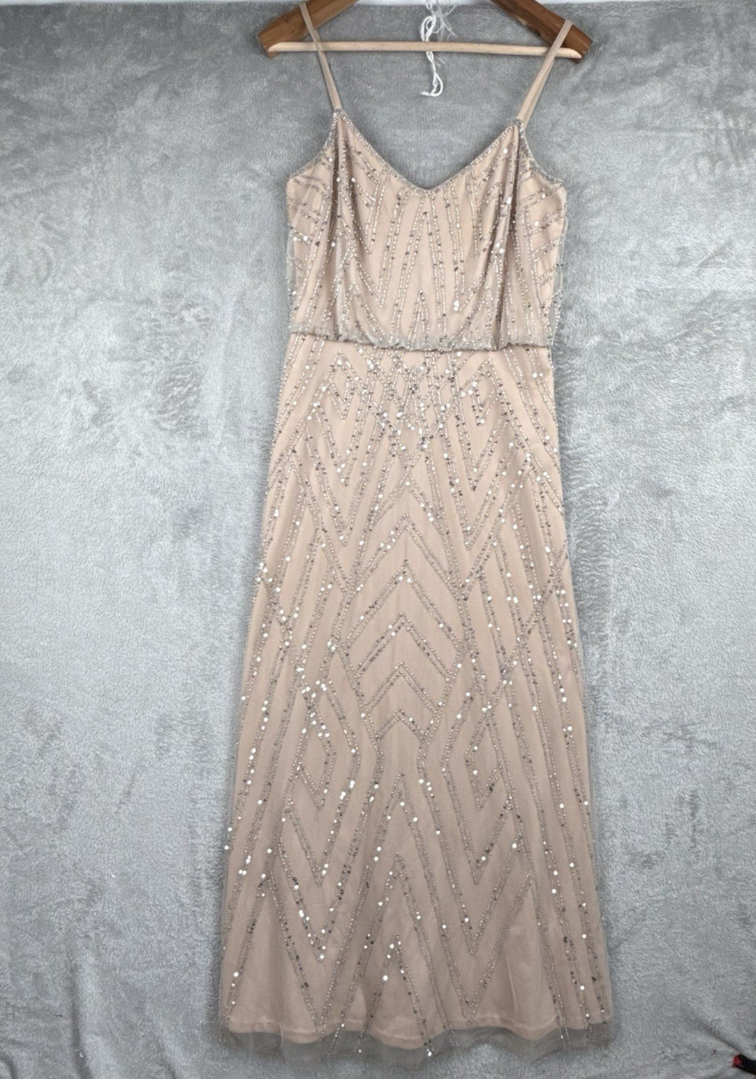Adrianna Papell Evening Dress Womens 10 Blush Sequin Beaded Sleeveless V-Neck