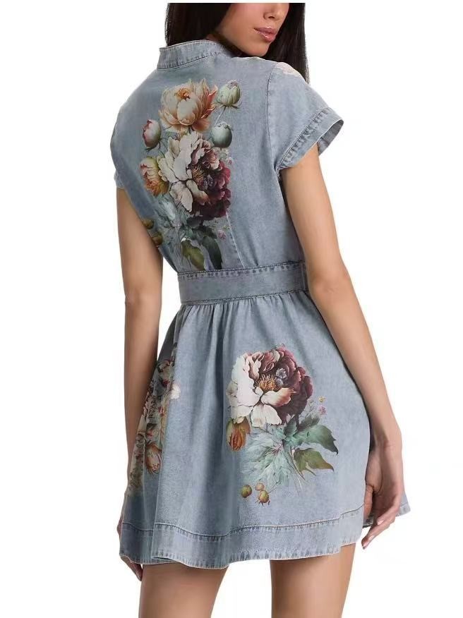 Women’s Alice+Olivia long denim print dress, ultra soft cotton slim fit shirt sk