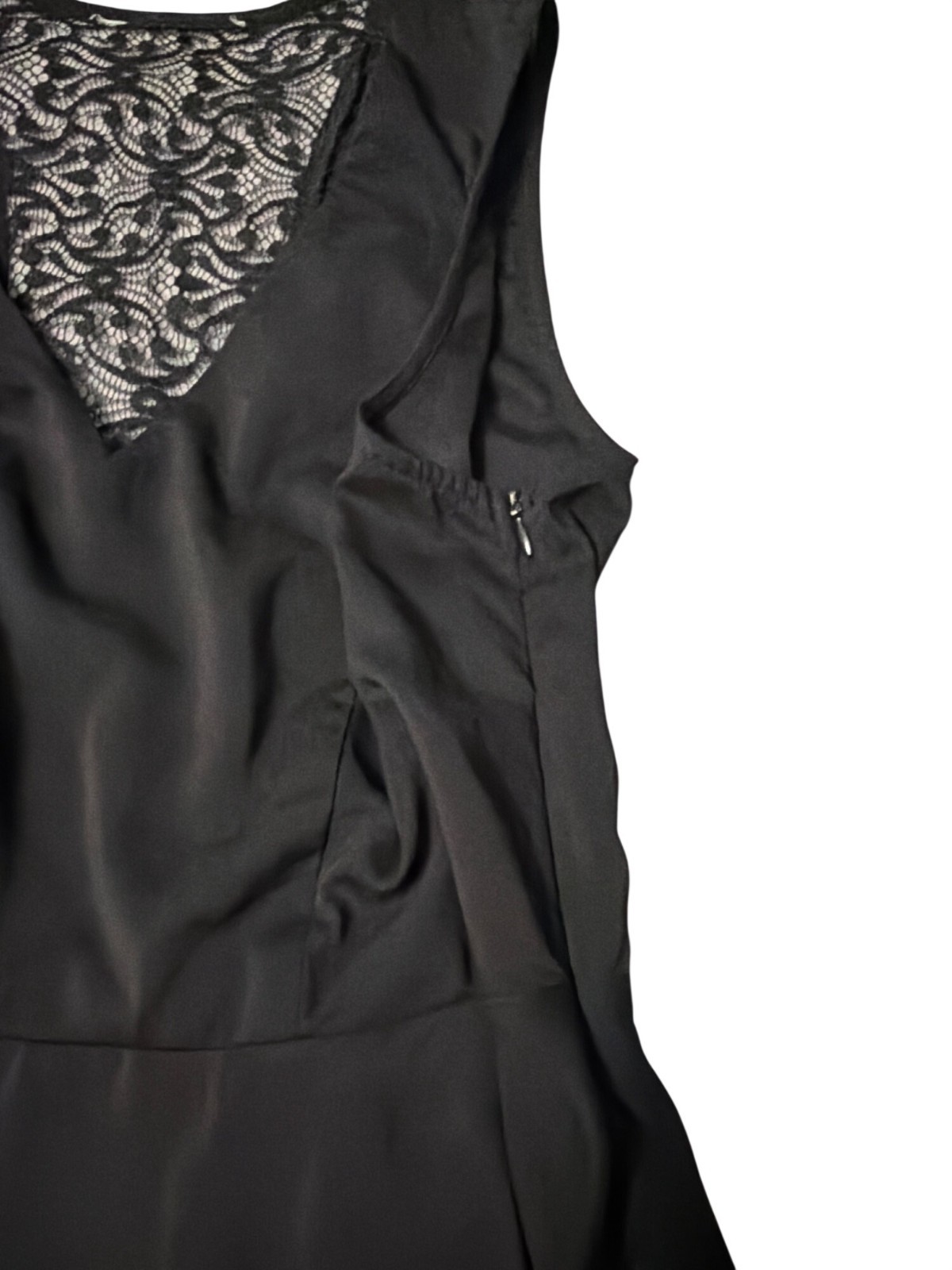 Black Sleeveless Dress Lace V-Neck Detail Flared Skirt And Side Zipper Closure
