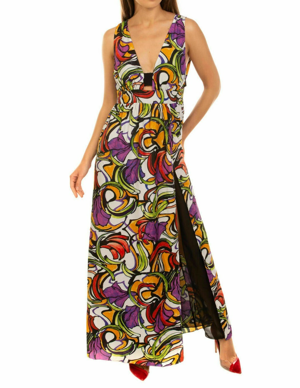 HANITA Full Length Dress Abstract Floral Print Summer Crepe Empire Style Cut szS