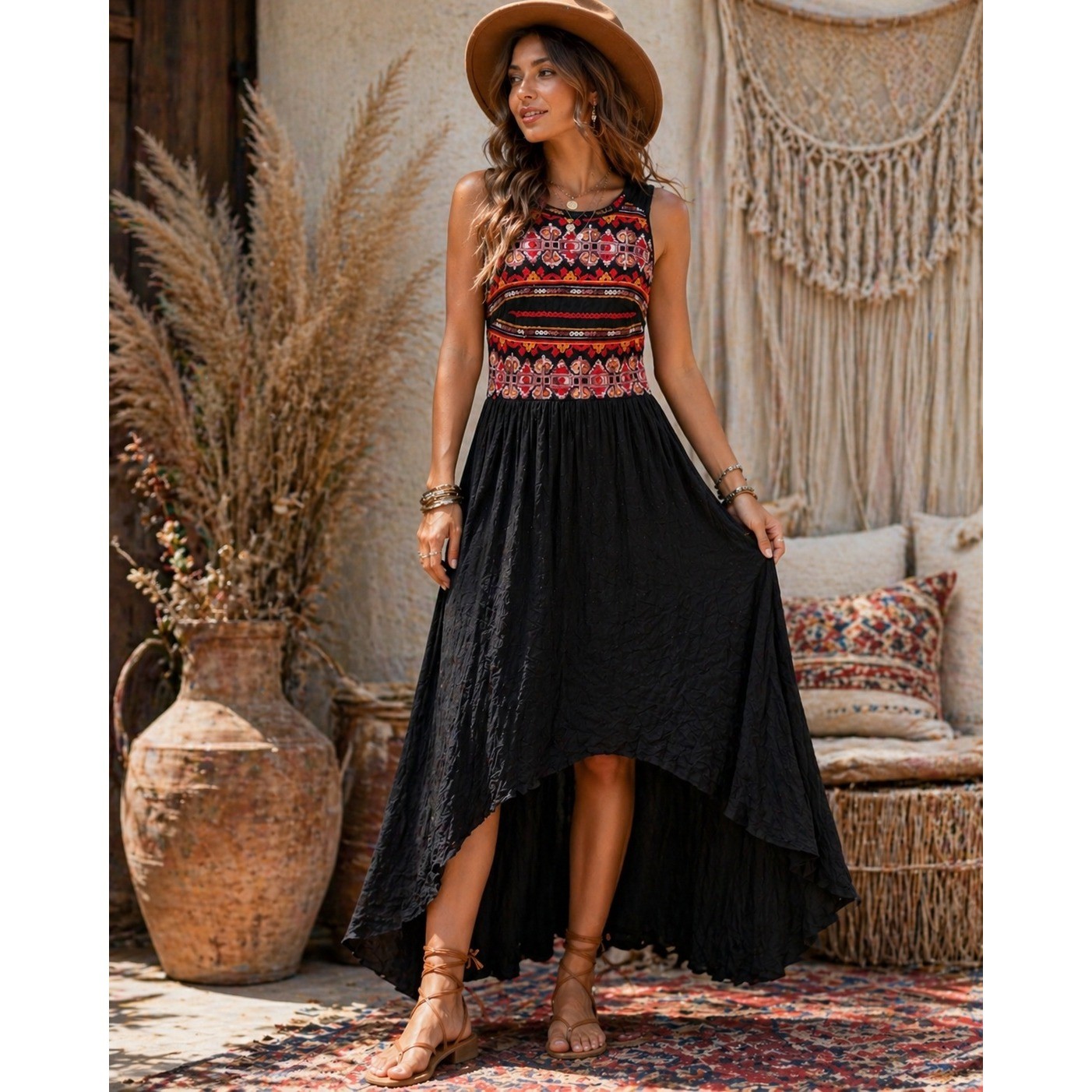 AGB Embroidered Boho High Low Maxi Dress Black Red Orange Size 12