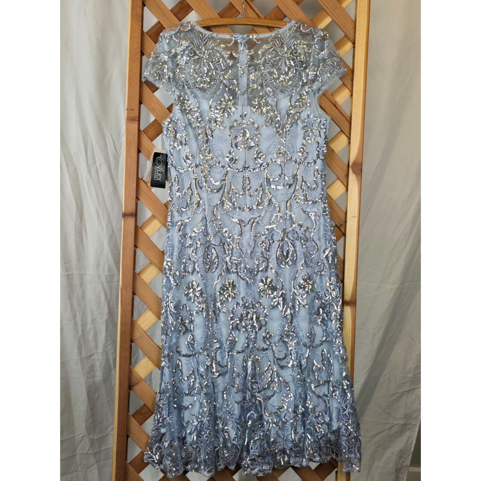 Alex Evenings Sheath Dress Womens 14 Hydrangea Blue Sequin Floral Mesh -New