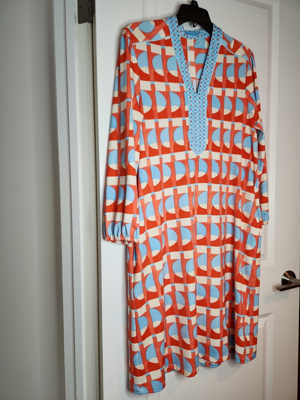 J McLaughlin Emer Shift Dress Womens L Blue Orange Wht Geometric Print $288 RARE