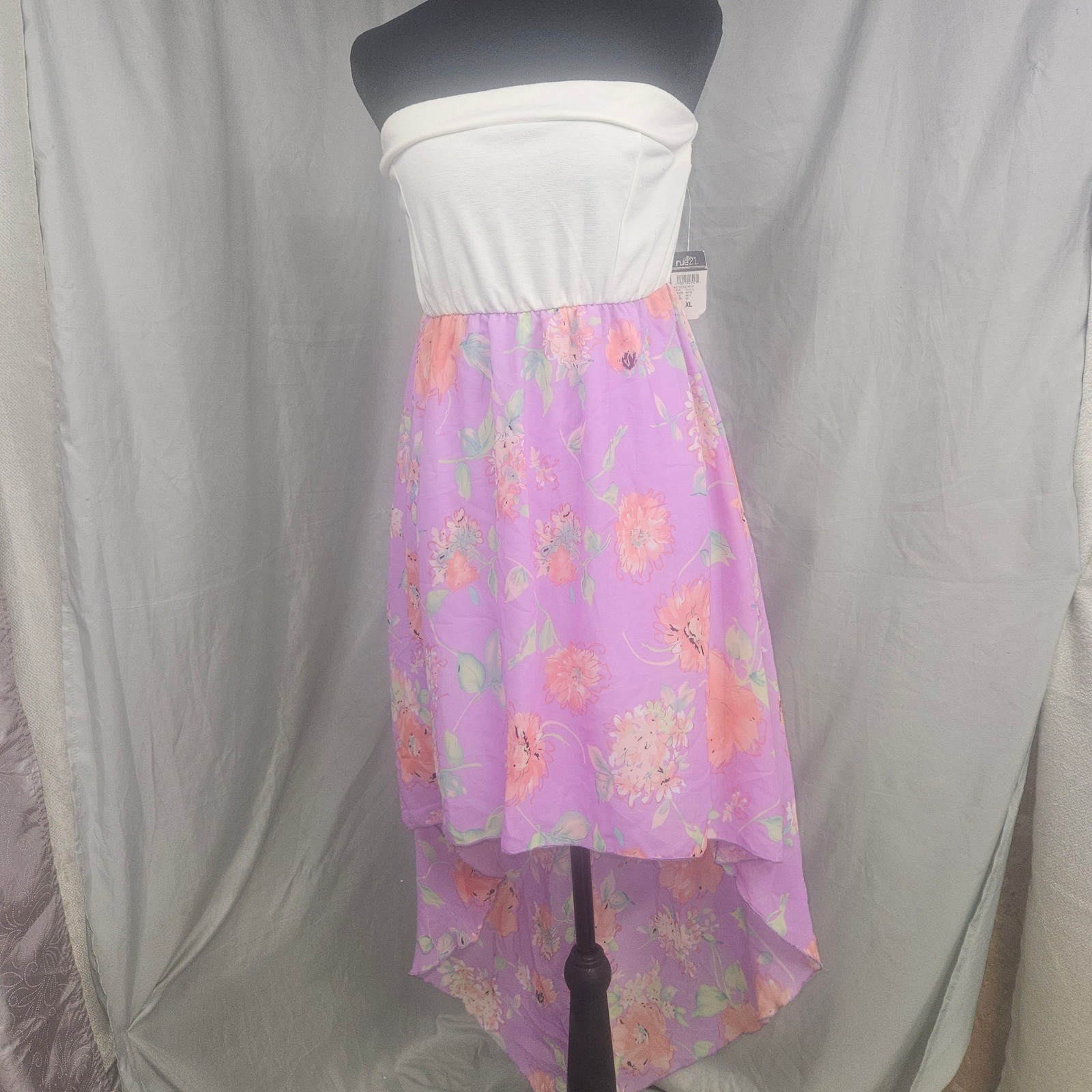 Rue21 Womens XL Strapless High-Low Dress White Purple Floral Chiffon Cutout Back