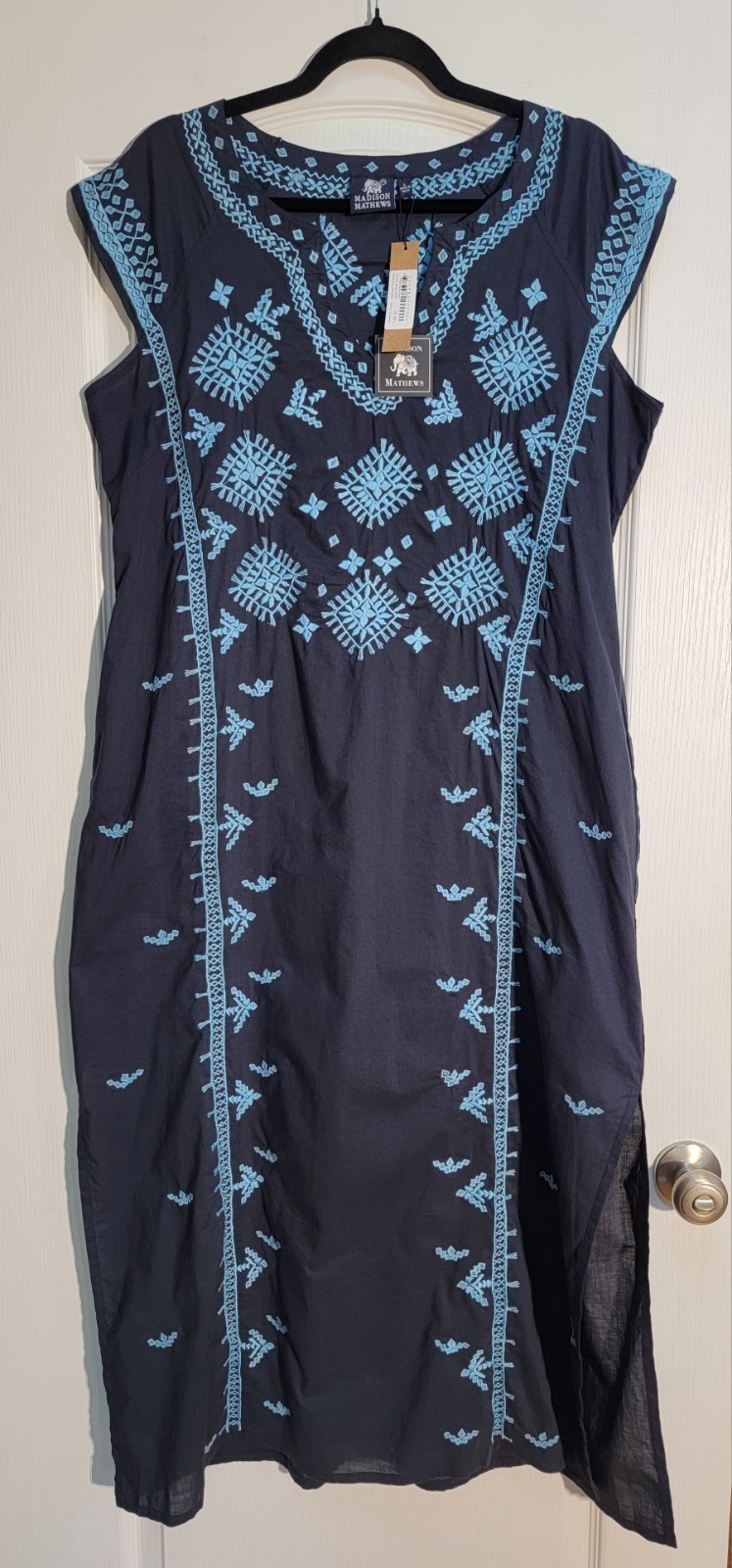 Madison Mathews Dress Large Navy Blue Embroidered Taylor Midi Maxi Kaftan NWT