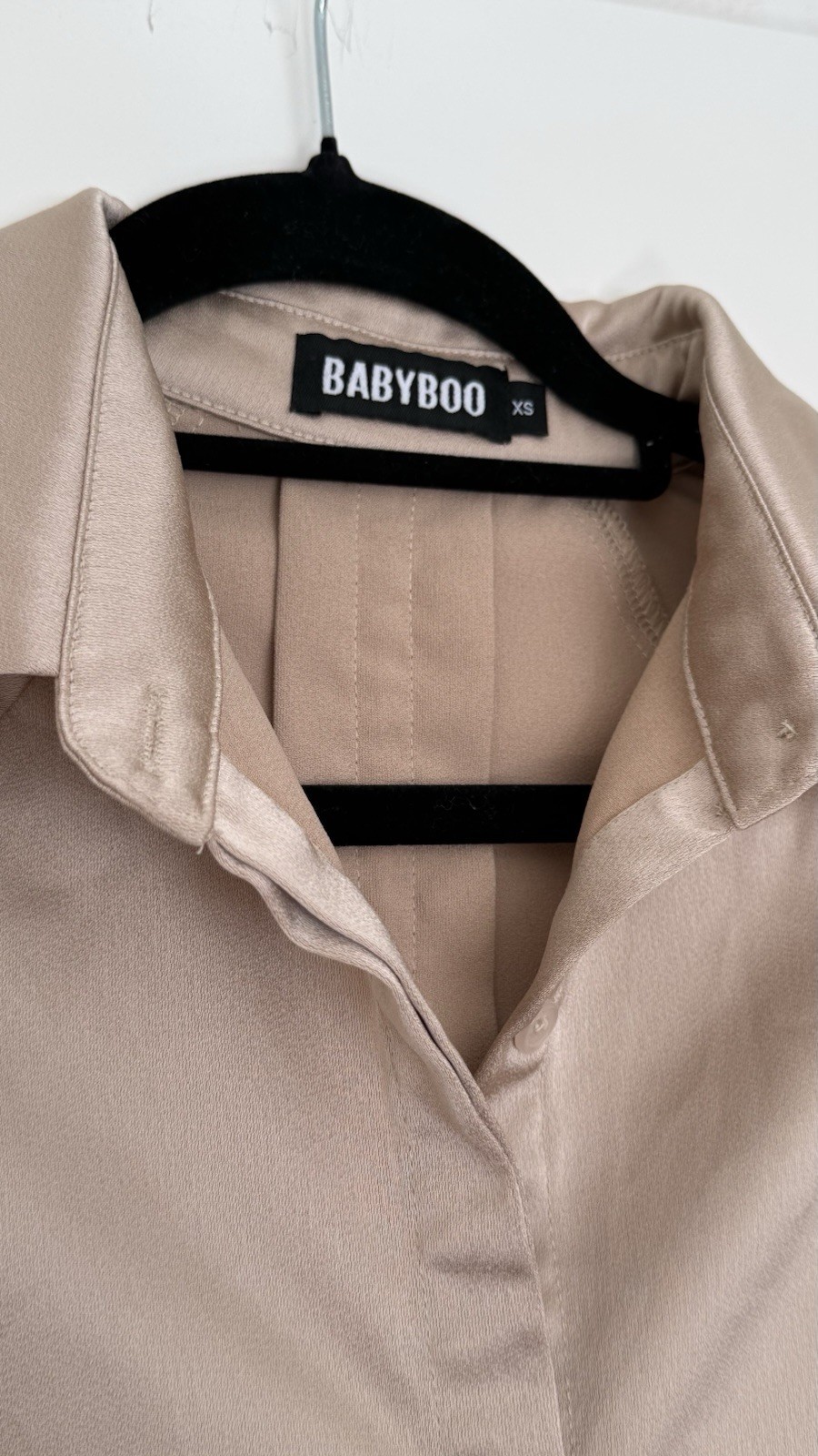 BABYBOO Satin Shirt Dress XS Beige Belted Mini Long Sleeve Button Front