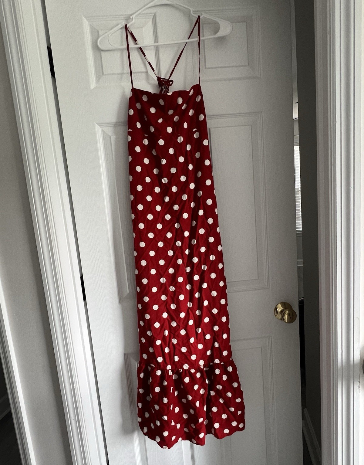 A New Day Red White Polka Dot Adjustable Strappy Ruffle Maxi Sundress S