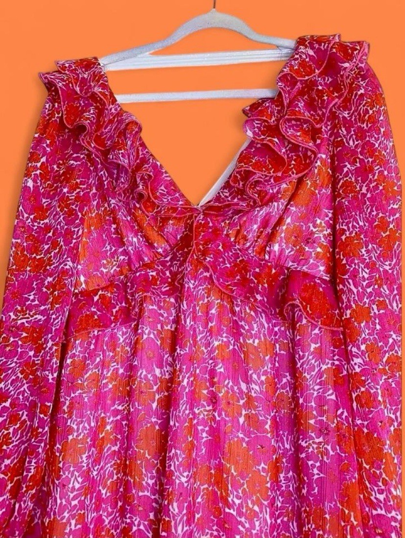 Women’s Pink/Orange Floral V-Neck Ruffle Blouson Balloon Long Sleeve Mini Dress