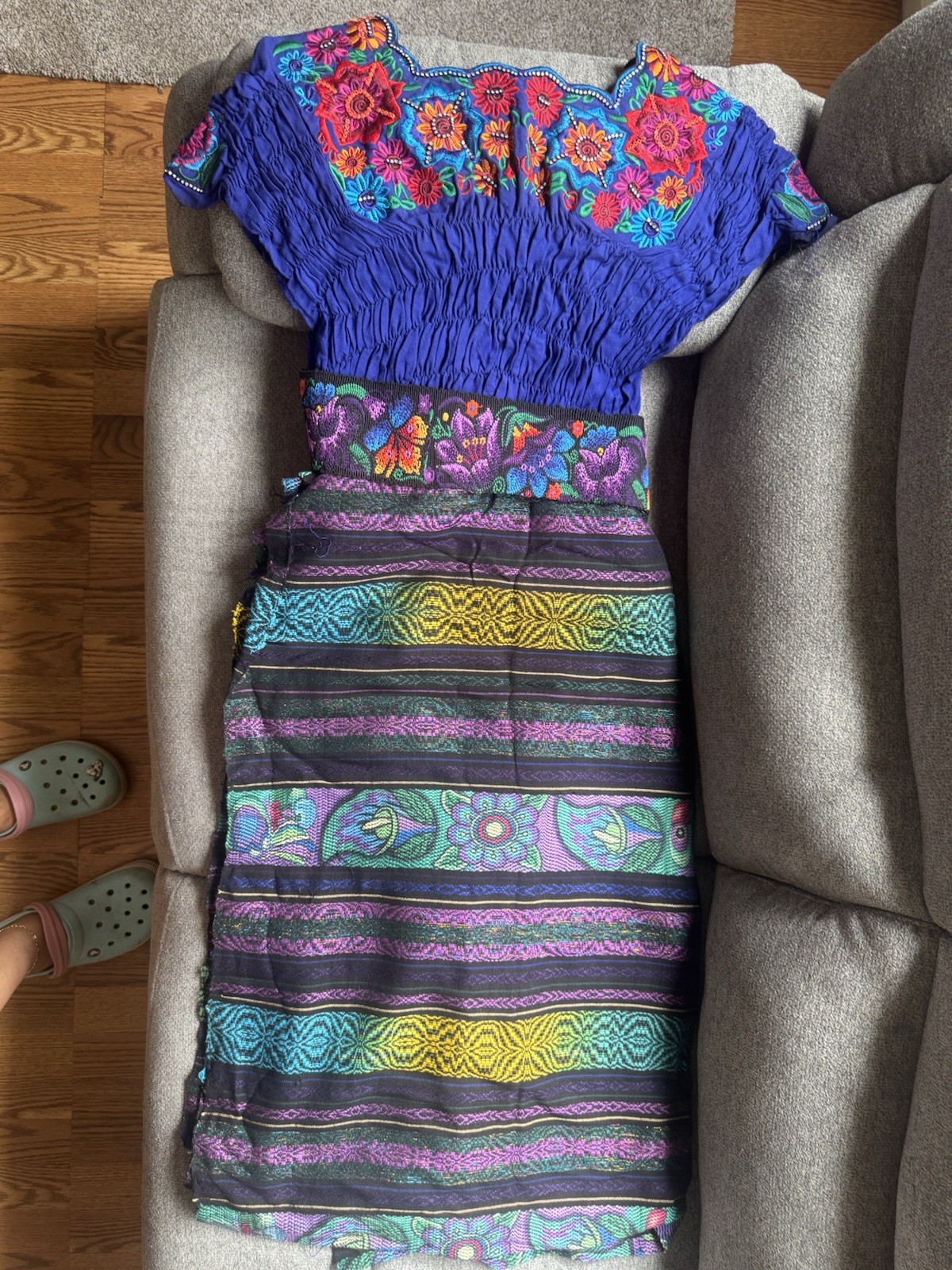 Guatemala Corte Dress Embroidered Floral Long Blue Stripe/and Belts