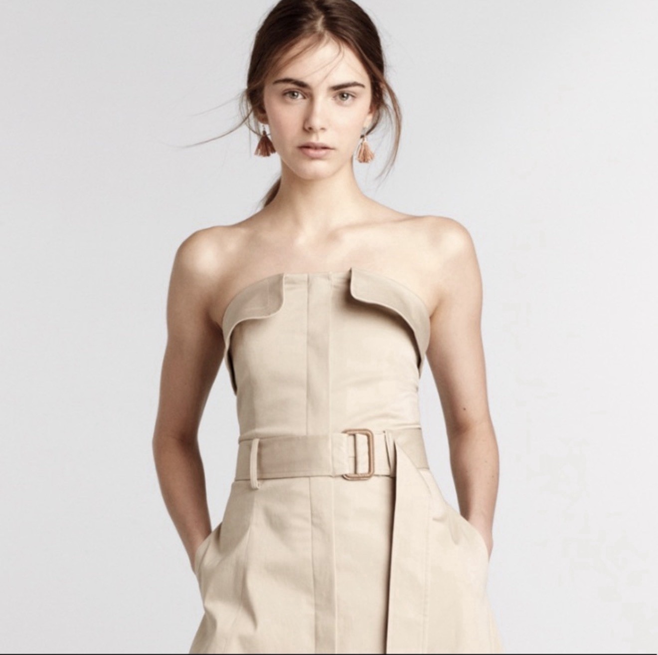 Banana Republic Strapless Asymmetrical Utility Trench Dress 6P Tan Belt Pockets