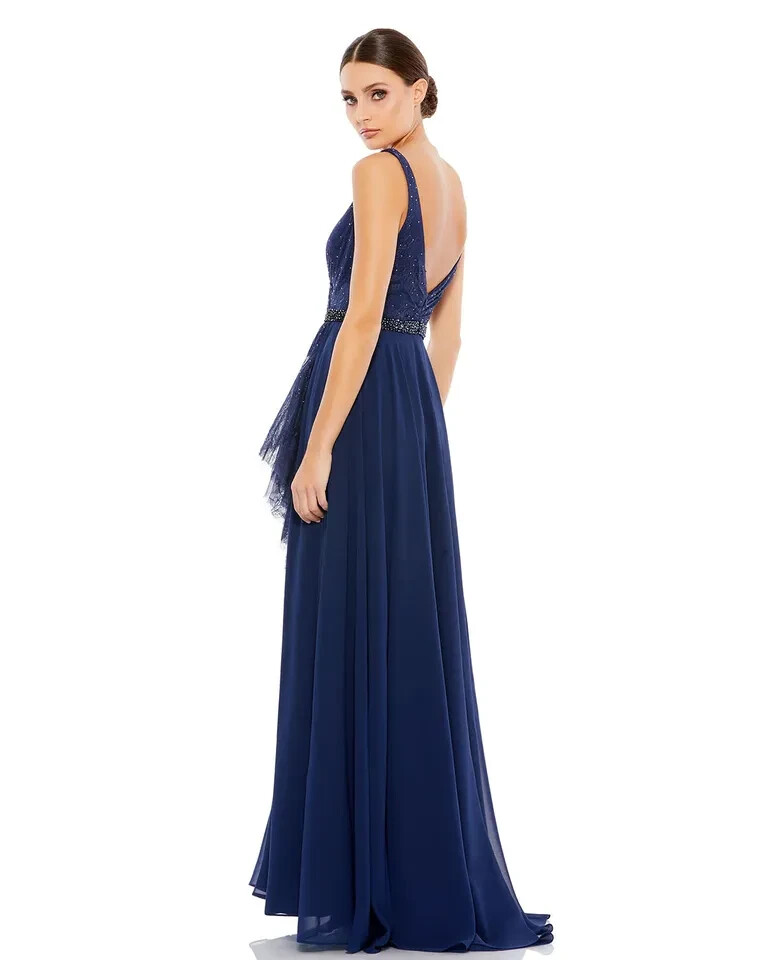 Mac Duggal Navy Lace Sequin Slit Beaded Waist Gown Size 4 $398
