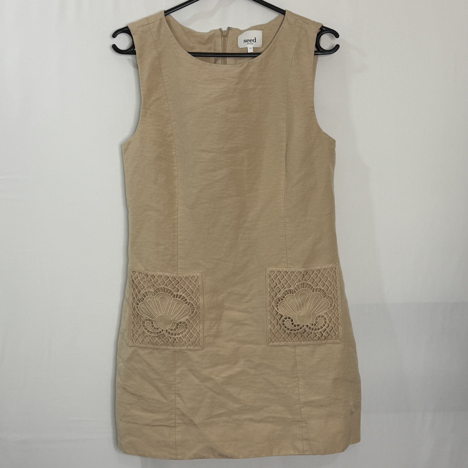 Seed Heritage Beige Linen Dress with Embroidered pockets Size 10