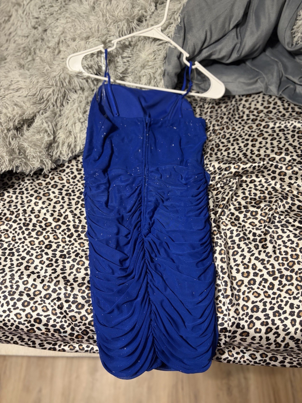 Blue Ruched Spaghetti Strap Sweetheart Bodycon Mini Dress S Zip Chiffon