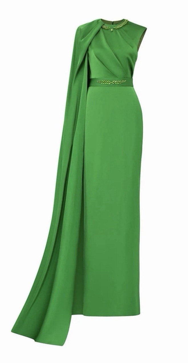 I.H.F. Atelier Green One-Shoulder Cape Draped Silk Dress $1125 Xs