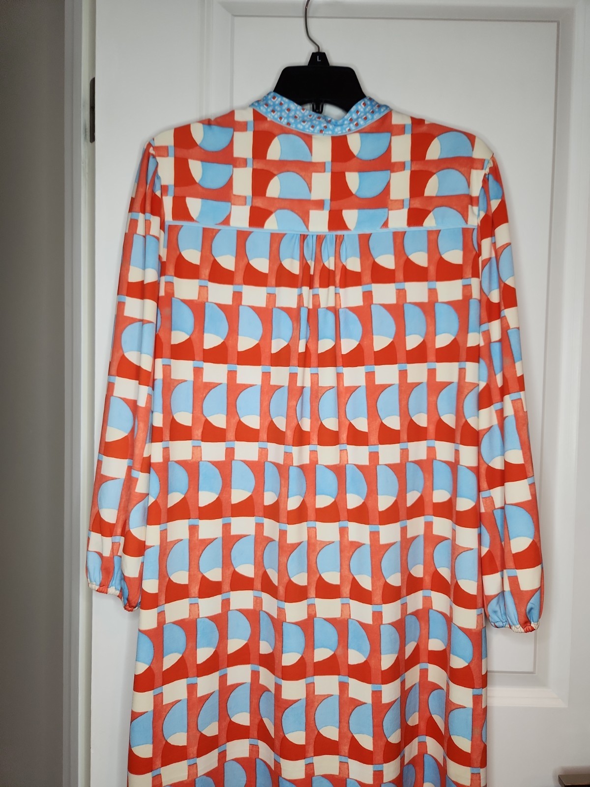 J McLaughlin Emer Shift Dress Womens L Blue Orange Wht Geometric Print $288 RARE