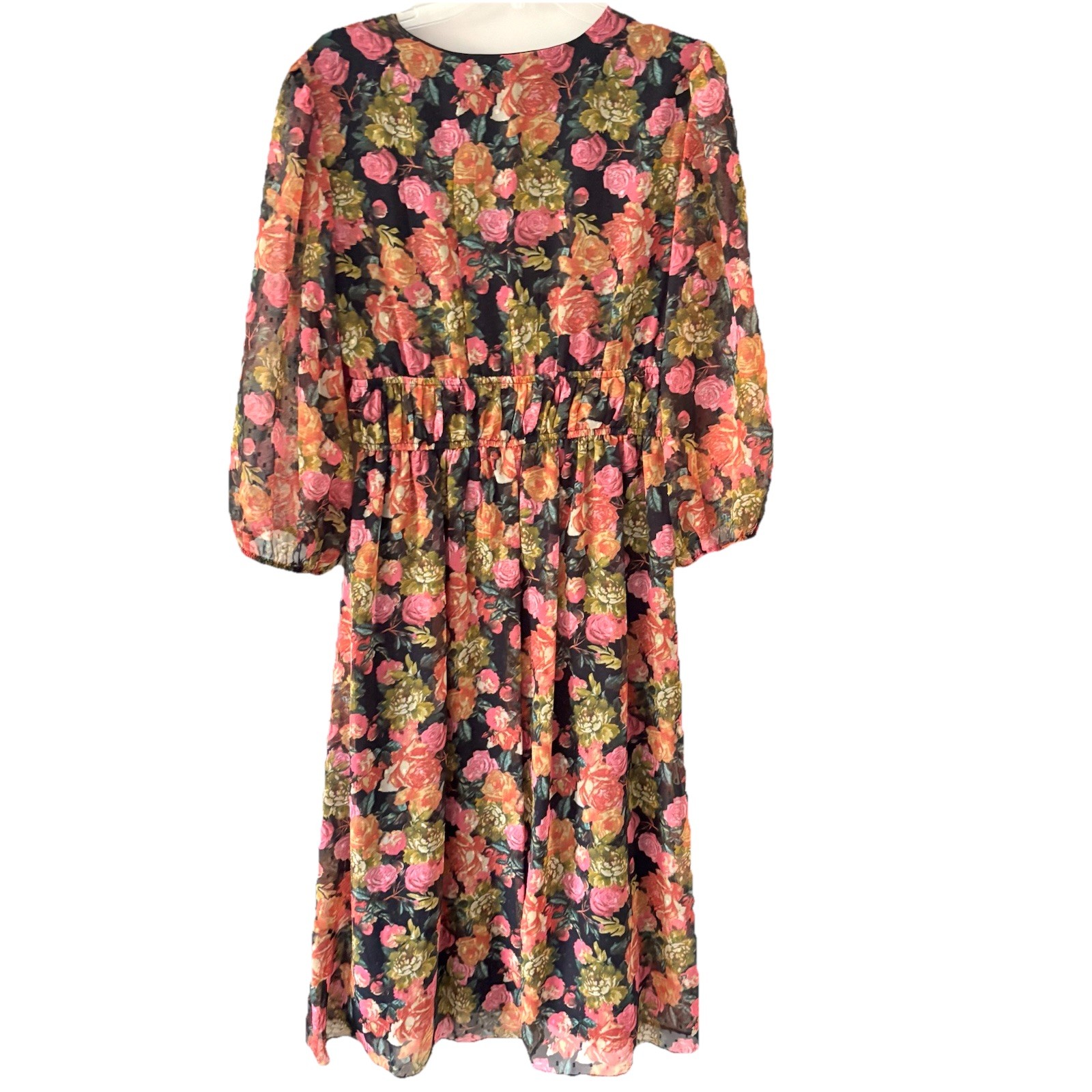 MELONIE T Size 10 A-Line Dress Black Pink Green Floral 3/4 Sleeve Midi