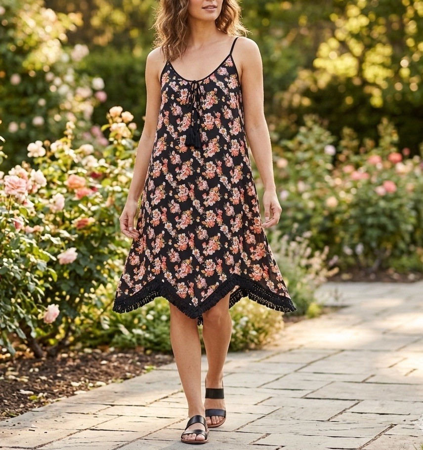 Floral Lace Hem Mini Dress Black Pink Boho Fairy Grunge Slip Dress Festival