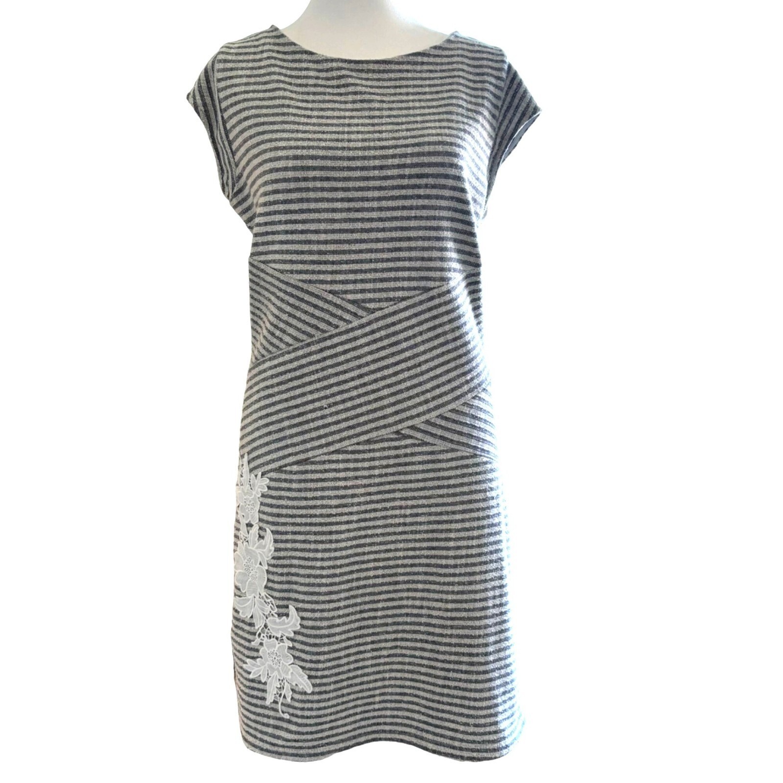 Disigual Jackson Boucle Stripe Gray White Dress Lace Applique Stretch Size XL