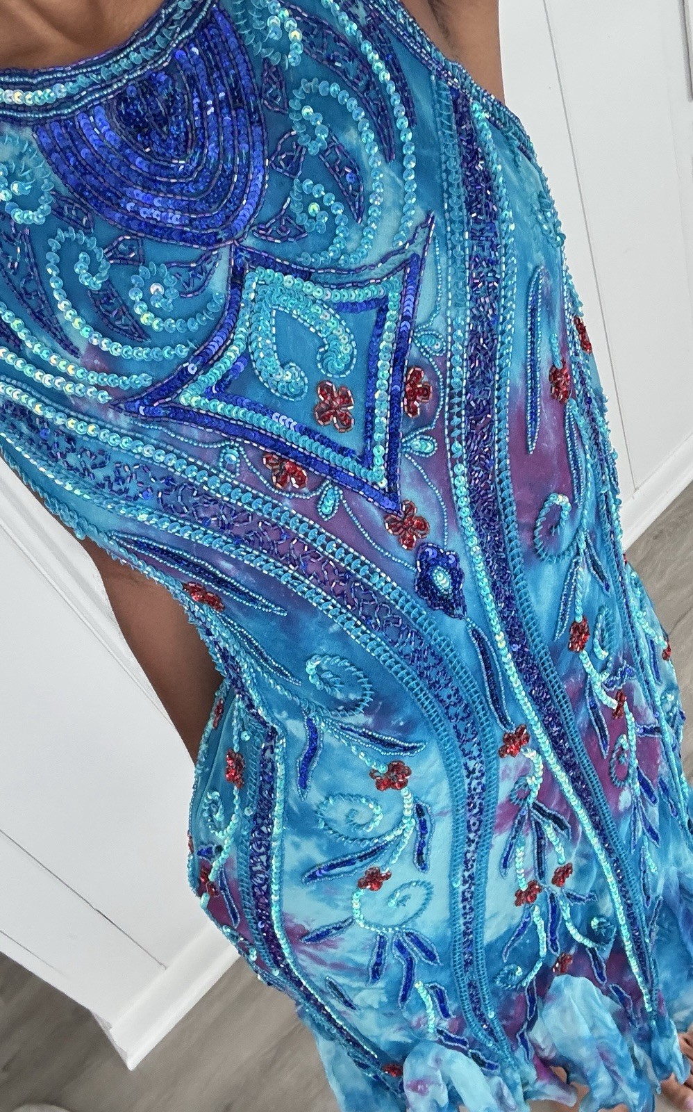 Vintage fully beaded w/ sequins blue/multi color 100% silk midi dress