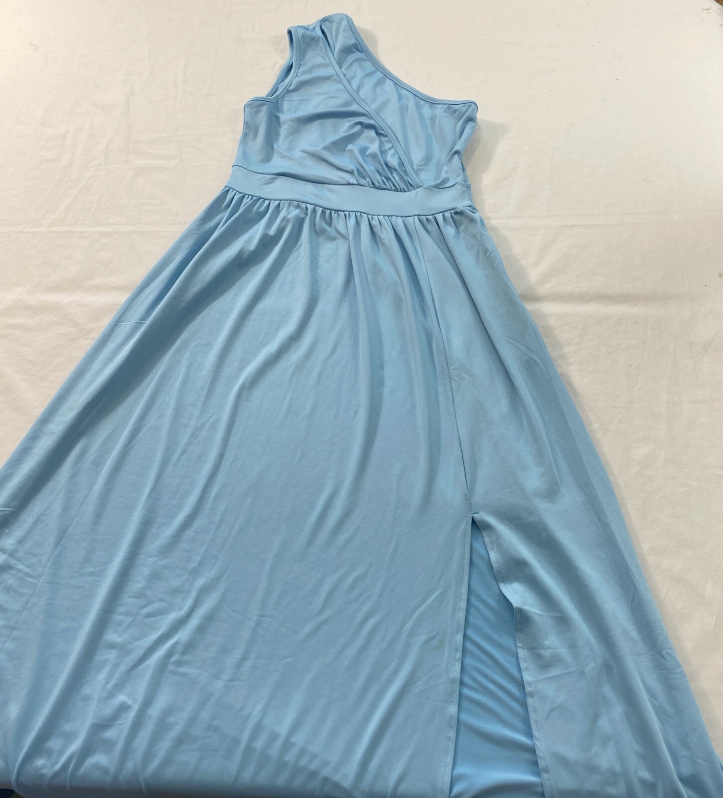 women’s formal one shoulder long dress size medium light blue high slit on leg