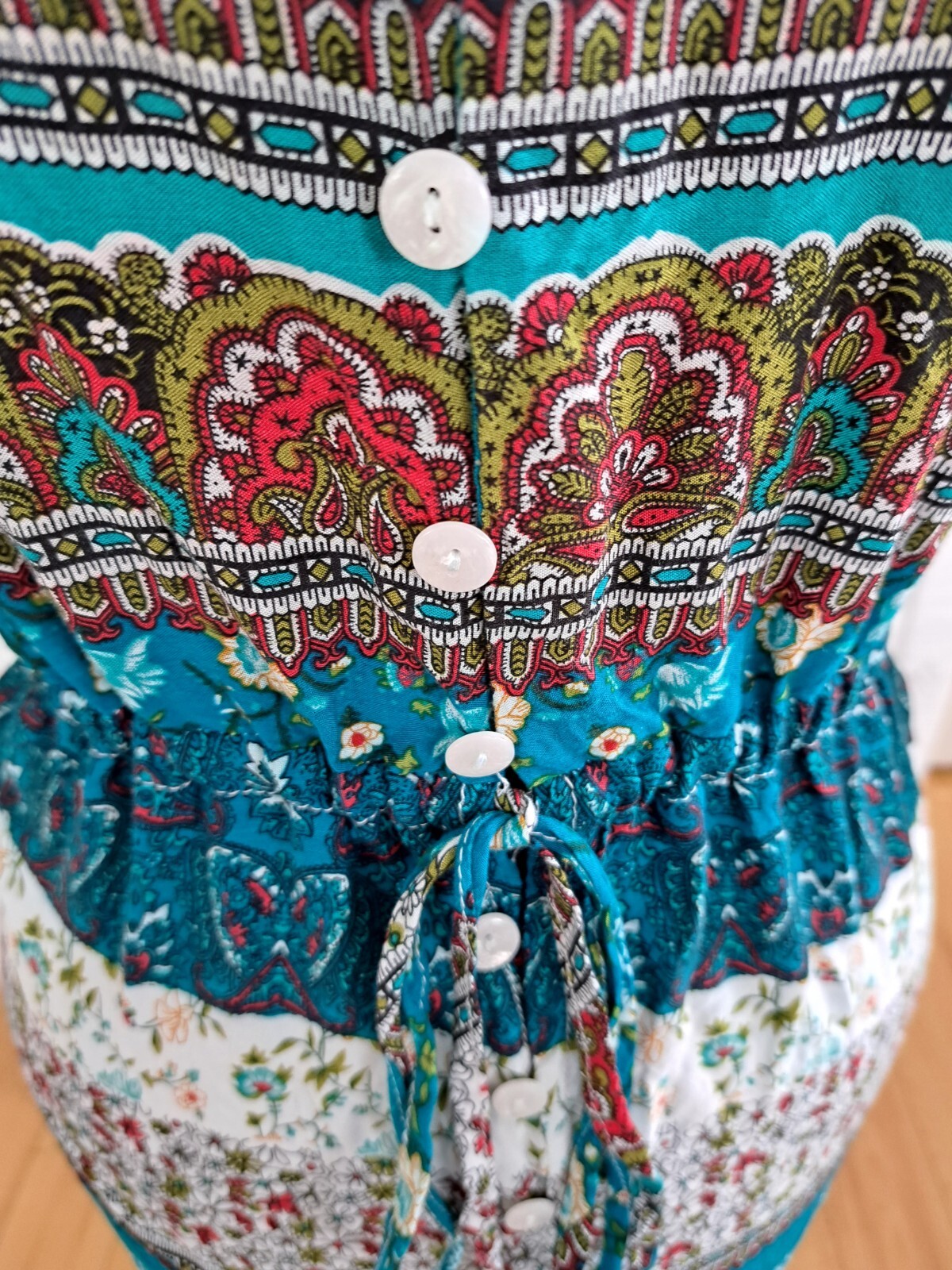 Teal Boho Patchwork Maxi Dress S R.Vivimos Rayon Button Down Drawstring Festival