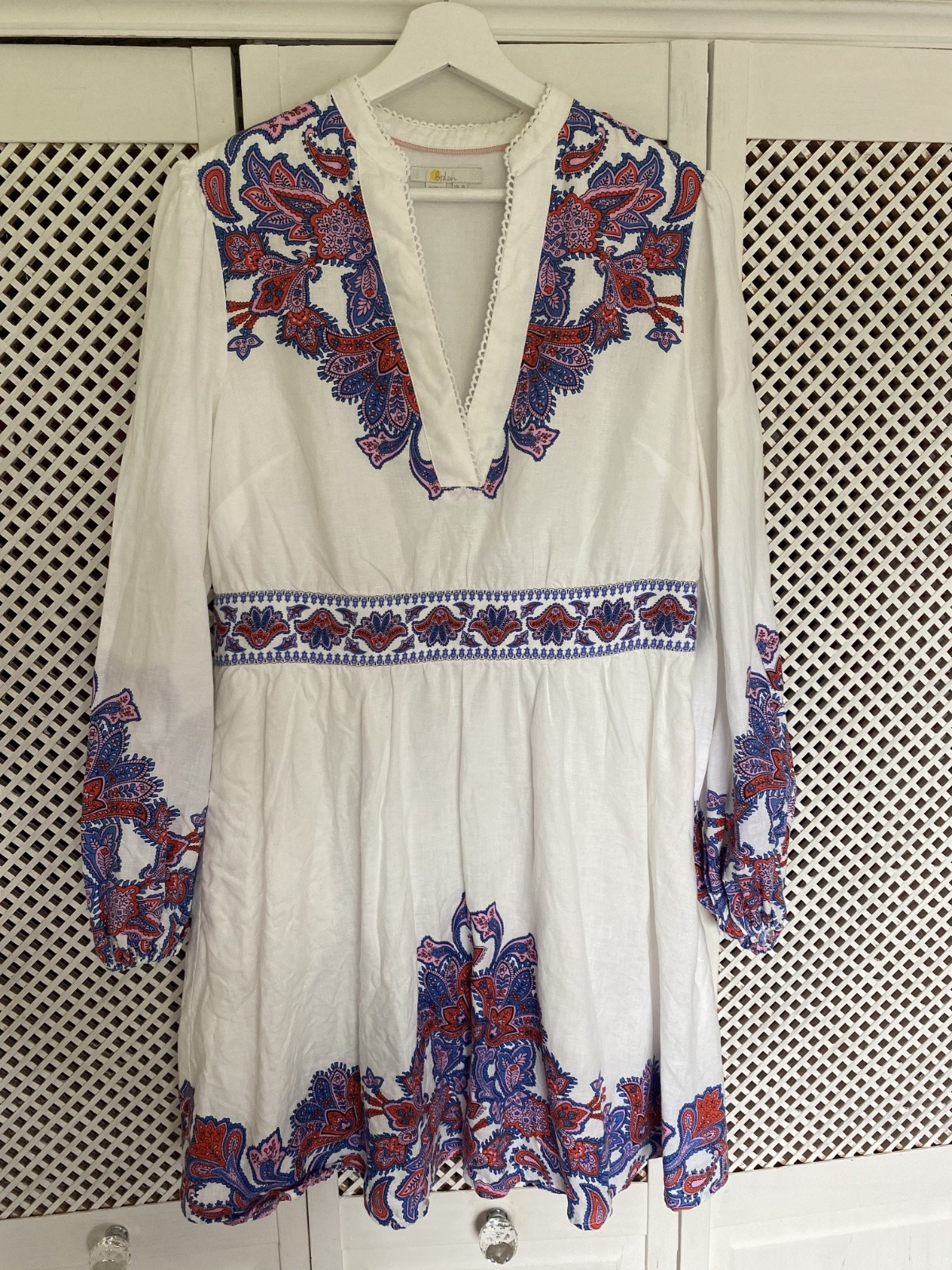 Women’s Boden White Patterned Linen Lined Embroidered Summer Dress, 14, NEW