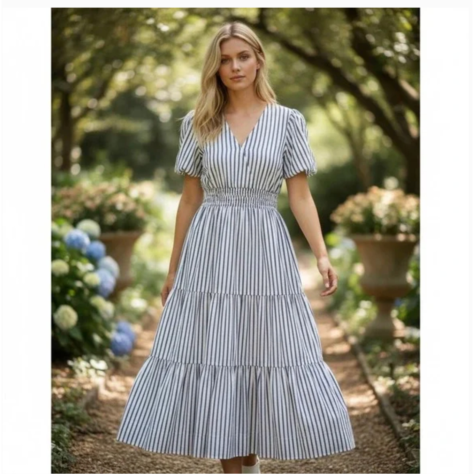 Quince Cotton Poplin Tiered Maxi Dress S NWT Hudson Stripe Blue White Coastal