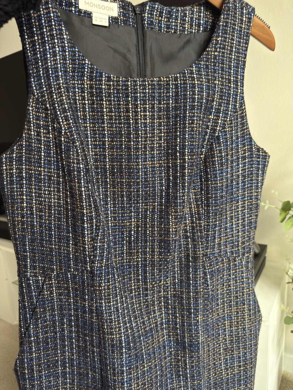 Monsoon UK 10 Blue & Black Tweed Bouclé Dress – Sleeveless Smart Work Office