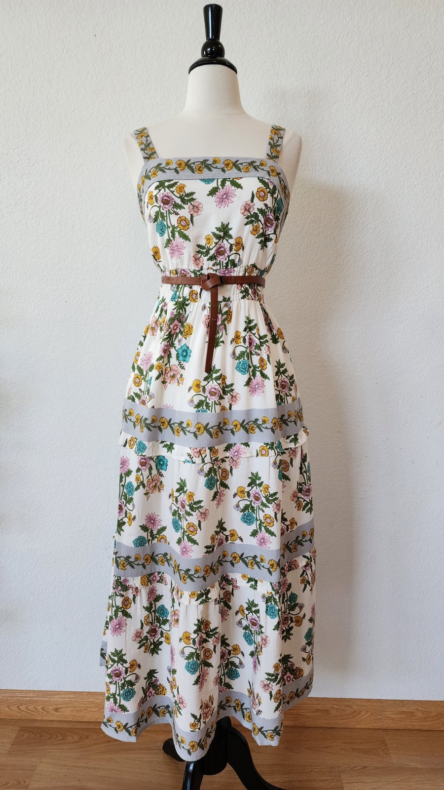 New Anthro Maxi Dress Size Large Floral Linen Blend Europe Coquette Pockets