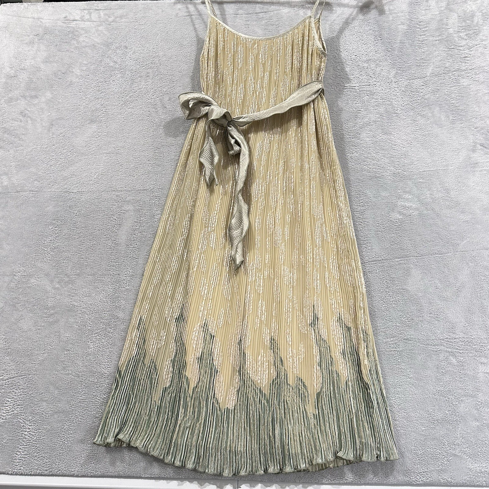 Jeanne Marc Dress Women’s Small 8 10 Maxi Sleeveless Yoryu Belted Cream Green