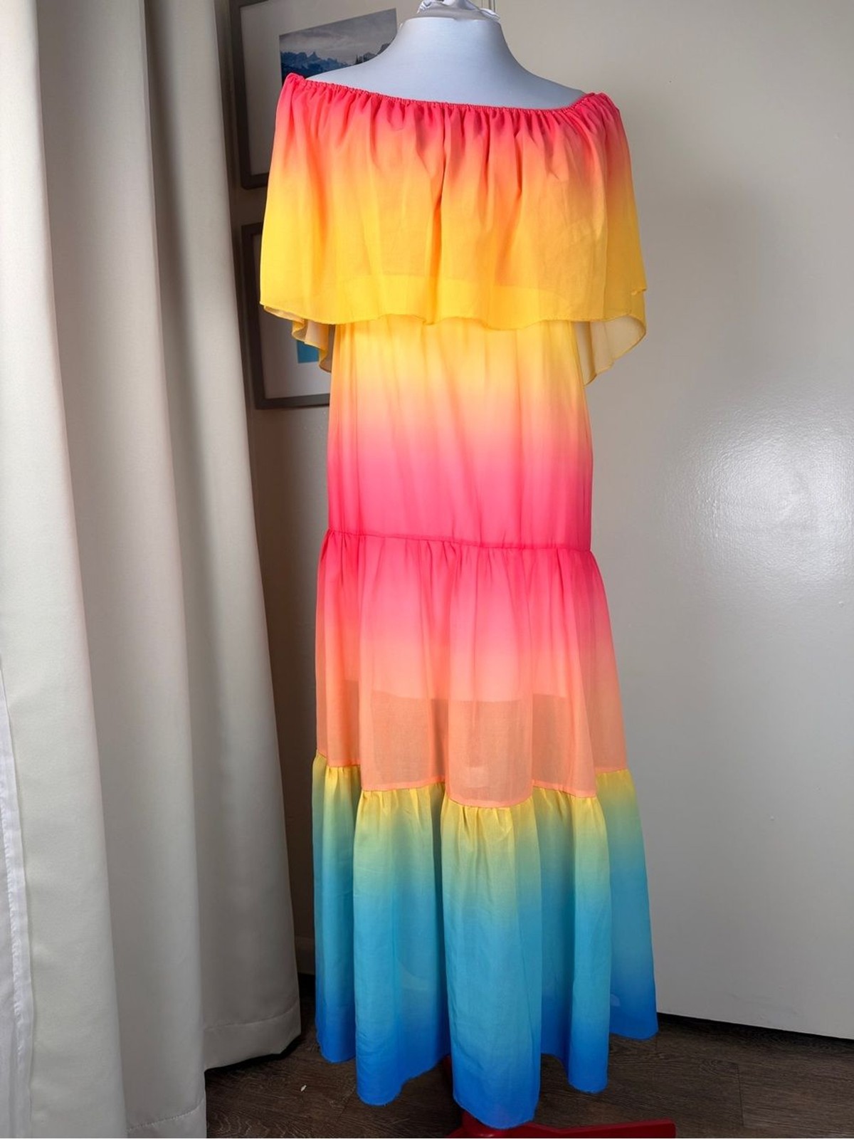 Rainbow Ombré Maxi Dress Off Shoulder Tiered Sunset Vibrant Pride | S