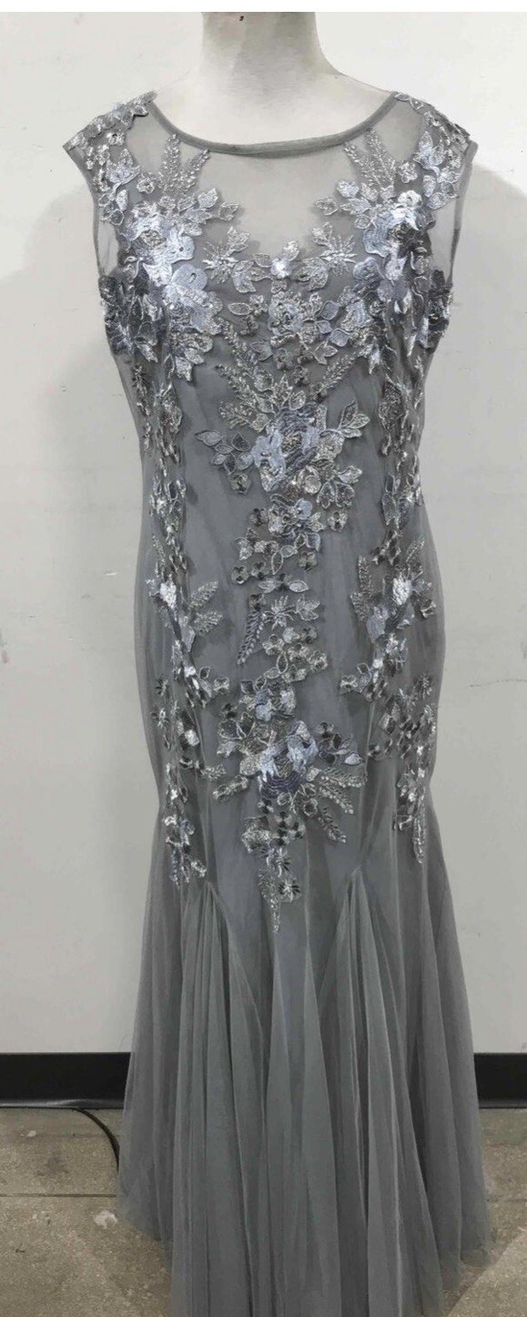Emma Street Long Formal Silver and Grey Lace and Blue Sequin Beaded Dress Sz 12