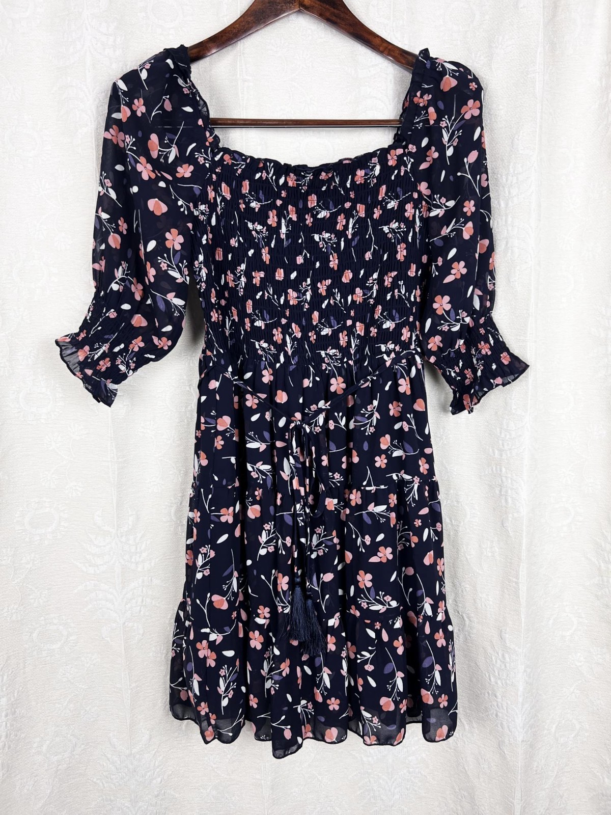 Baltic Born Azlyn smocked floral chiffon dress puff sleeves tassel belt ruffle