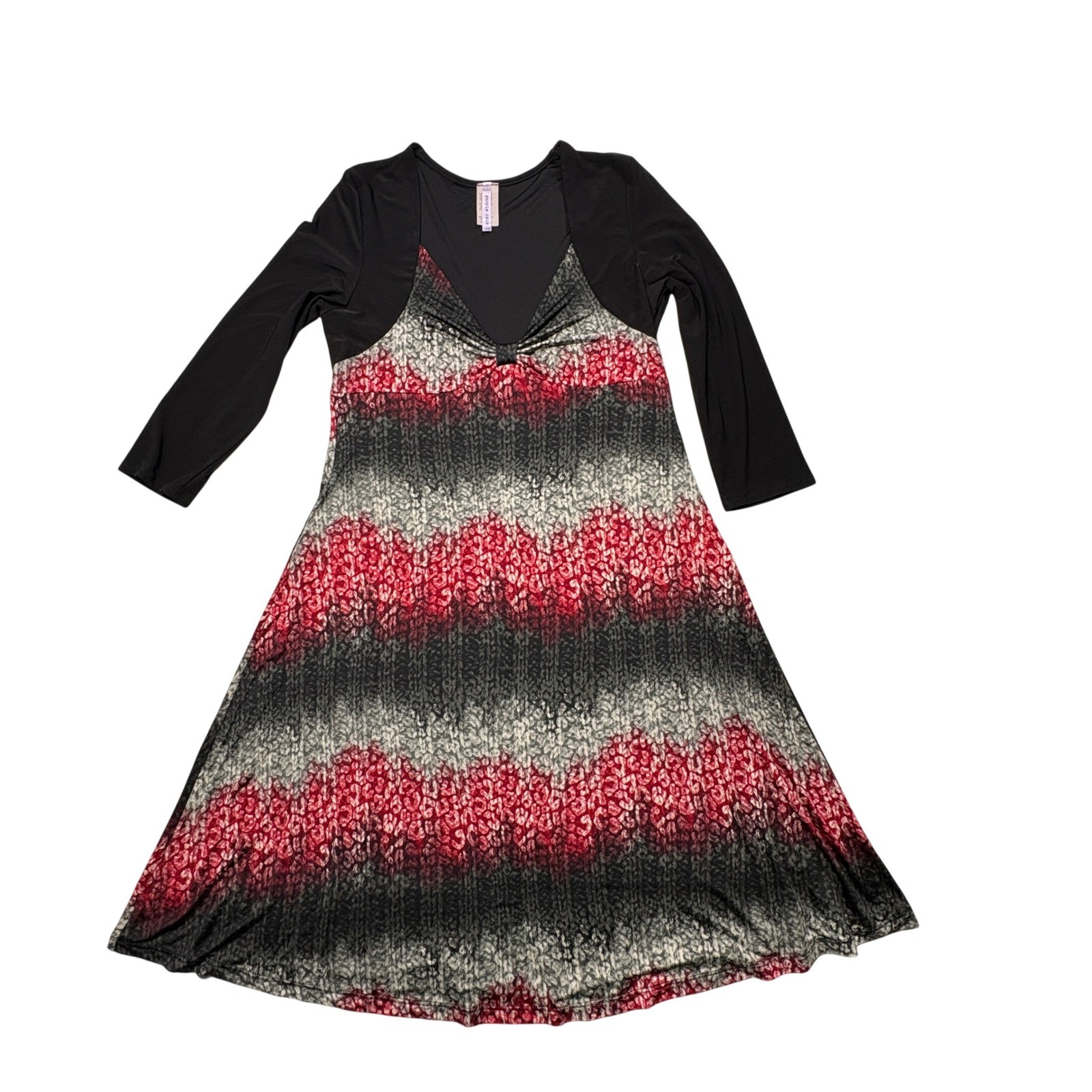 Purple Rain Dress Womens L Red Black Gray Abstract Pattern 3/4 Sleeve A-Line